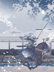Rule 34 | 10s, 1boy, alternate hairstyle, archery, architecture, bad id, bad pixiv id, blue hair, bow (weapon), east asian architecture, folding fan, full moon, hand fan, horse, horseback riding, japanese clothes, kousetsu samonji, leaf, male focus, moon, outdoors, ponytail, riding, sky, snj, solo, touken ranbu, weapon