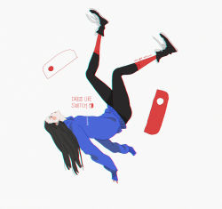 Rule 34 | black footwear, black hair, blue jacket, chromatic aberration, commentary, english commentary, english text, from side, full body, grey background, highres, hood, hooded jacket, jacket, leggings, long sleeves, nintendo switch, original, profile, red leggings, shoes, simple background, sleeves past fingers, sleeves past wrists, sneakers, solo, upside-down, xi zhang