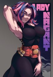 Rule 34 | 1girl, armpits, arms behind head, text background, belt, black dress, blue hair, boku no hero academia, breasts, dress, expressionless, eyebrows, eyelashes, highres, kristallion, lady nagant, looking at viewer, monochrome background, multicolored hair, parted bangs, pink hair, purple eyes, short hair, sleeveless, sleeveless dress, standing, two-tone hair, utility belt