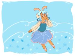 Rule 34 | 1girl, animal ears, blue dress, blue hair, brown fur, rabbit, rabbit ears, cucumber quest, doodle, dress, earrings, feral phoenix, fish earrings, glasses, jewelry, nautilus shell, necklace, pearl necklace, pink sandals, pink sleeves, pointy ears, princess nautilus, rabbit girl, star (symbol), waves