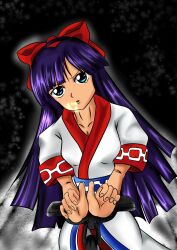 Rule 34 | 1girl, absurdres, ainu clothes, annoyed, breasts, chain, green eyes, hair ribbon, highres, legs, long hair, looking at viewer, medium breasts, nakoruru, open mouth, pants, purple hair, restrained, ribbon, samurai spirits, snk, solo, the king of fighters, thighs
