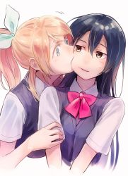 Rule 34 | 10s, 2girls, ayase eli, blonde hair, blue eyes, blue hair, bow, bowtie, brown eyes, collared shirt, commentary request, hair between eyes, hair bow, hand on another&#039;s arm, highres, kiss, kissing cheek, long hair, looking at another, love live!, love live! school idol project, multiple girls, parted lips, ponytail, red bow, red bowtie, shirt, short sleeves, sonoda umi, sweatdrop, vest, yukiiti, yuri