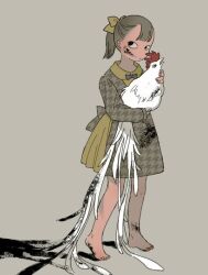 Rule 34 | 1girl, animal, animal hug, barefoot, bird, black eyes, bow, bowtie, brown background, brown dress, brown hair, chicken, chinese zodiac, closed mouth, commentary request, dirty, dirty feet, dress, footprints, full body, grey bow, grey bowtie, hair bow, holding, holding animal, houndstooth, ink, ink on face, ink stain, long sleeves, new year, original, ponytail, rooster, shokugyo, sideways glance, simple background, solo, standing, traditional bowtie, unmoving pattern, white bird, year of the rooster, yellow bow