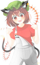 Rule 34 | 1girl, :3, absurdres, animal ears, brown hair, cat ears, cat tail, chen, earrings, green hat, hat, highres, jewelry, multiple tails, nekomata, open mouth, overalls, paw pose, short hair, single earring, solo, suwa (au swap), tail, touhou, two tails