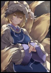 Rule 34 | 1girl, animal hat, arms under breasts, backlighting, bad id, bad twitter id, black border, blonde hair, blue tabard, border, breasts, buttons, commentary request, dress, eyes visible through hair, fox shadow puppet, fox tail, frilled dress, frilled hat, frilled sleeves, frills, grey dress, grey hat, hair between eyes, hands in opposite sleeves, hat, highres, kitsune, kyuubi, large breasts, large tail, light blush, light particles, light smile, long sleeves, looking at viewer, meji aniki, mob cap, multiple tails, oversized clothes, parted lips, short hair, solo, tabard, tail, tassel, touhou, upper body, white dress, white hat, wide sleeves, yakumo ran, yellow eyes