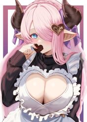Rule 34 | 1girl, apron, blue eyes, braid, breasts, candy, chocolate, chocolate heart, cleavage, cleavage cutout, clothing cutout, draph, food, frilled apron, frills, granblue fantasy, hair ornament, hair over one eye, heart, heart cutout, heart hair ornament, highres, hilda sakura, horns, large breasts, long hair, narmaya (granblue fantasy), narmaya (valentine) (granblue fantasy), official alternate costume, pink hair, pointy ears, solo, sweater