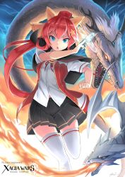 Rule 34 | 1girl, black skirt, blouse, blue eyes, breath weapon, breathing fire, copyright name, fire, hair ornament, highres, long hair, looking at viewer, mystic-san, original, parted lips, ponytail, red hair, shirt, skirt, solo, star (symbol), star hair ornament, thighhighs, v-shaped eyebrows, very long hair, watermark, web address, white shirt, white thighhighs