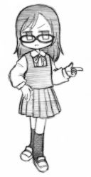 Rule 34 | 1girl, :i, gakkatsu!, glasses, greyscale, hand on own hip, highres, monochrome, s6fight, school uniform, skirt, socks, takachiho chiho