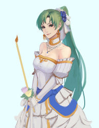 Rule 34 | 1girl, absurdres, bare shoulders, blue flower, breasts, candle, cleavage, cm lynarc, detached sleeves, dress, earrings, female focus, fire emblem, fire emblem: the blazing blade, fire emblem heroes, flower, green eyes, green hair, highres, holding, holding candle, jewelry, long hair, looking at viewer, lyn (bridal) (fire emblem), lyn (fire emblem), matching hair/eyes, necklace, nintendo, official alternate costume, pink flower, pink rose, ponytail, rose, smile, solo, strapless, strapless dress, very long hair, wedding dress, white dress, white sleeves, yellow flower, yellow rose