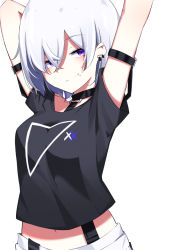 Rule 34 | 1girl, arm strap, arms up, black shirt, breasts, choker, crop top, earrings, hair between eyes, ichiki 1, jewelry, looking at viewer, midriff, mole, mole under mouth, original, purple eyes, shirt, short hair, short sleeves, sidelocks, simple background, small breasts, smile, smug, solo, upper body, white background, white hair