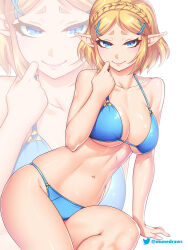 Rule 34 | 1girl, bikini, blonde hair, blue bikini, blue eyes, blush, braid, breasts, commentary, crown braid, elf, etchimune, hand up, large breasts, looking at viewer, navel, nintendo, pointy ears, princess zelda, short hair, simple background, sitting, smile, solo, stomach, swimsuit, the legend of zelda, the legend of zelda: tears of the kingdom, thighs, white background, zoom layer