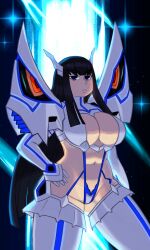 Rule 34 | 1girl, armorv1, black hair, blue eyes, breasts, cleavage, expressionless, female focus, highres, kill la kill, kiryuuin satsuki, large breasts, long hair, looking at viewer, navel, pale skin, solo, thick thighs, thighs