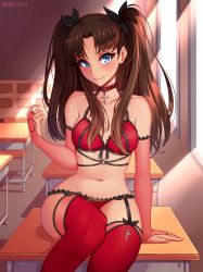 Rule 34 | 1girl, absurdres, arm support, artist name, bad id, bad pixiv id, bare shoulders, black garter belt, blue eyes, bra, breasts, bridal gauntlets, brown hair, chair, choker, classroom, collarbone, command spell, commentary, cross, cross choker, desk, elbow gloves, english commentary, fate/stay night, fate (series), garter belt, gloves, hair ribbon, hand up, head tilt, highres, indoors, lingerie, long hair, looking at viewer, navel, o-ring, on desk, panties, parted bangs, red bra, red gloves, red panties, red ribbon, red thighhighs, ribbon, school chair, school desk, shellvi, sitting, on desk, small breasts, smile, solo, stomach, thighhighs, tohsaka rin, two side up, underwear, window