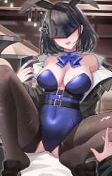 Rule 34 | 1girl, 1other, absurdres, alternate costume, animal ears, arknights, arknights: endfield, armpit crease, bare shoulders, black hair, black jacket, black pantyhose, blue bow, blue bowtie, blue collar, blue leotard, blue nails, blush, bow, bowtie, breasts, chinese commentary, cleavage, collar, collarbone, commentary request, covered navel, detached collar, endministrator (arknights), fake animal ears, female endministrator (arknights), hair ornament, highleg, highleg leotard, highres, holding, holding phone, indoors, jacket, large breasts, leotard, looking at viewer, nail polish, no shoes, open clothes, open jacket, pantyhose, phone, playboy bunny, rabbit ears, rectangular eyewear, short hair, sitting, smile, solo focus, spread legs, toes, tongue, tongue out, torn clothes, torn pantyhose, wuren