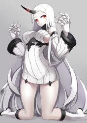 Rule 34 | 10s, 1girl, abyssal ship, asya, bare shoulders, breasts, claws, detached sleeves, dress, grey background, highres, horns, kantai collection, kneeling, large breasts, long hair, red eyes, ribbed dress, ribbed sweater, seaport princess, short dress, simple background, single horn, solo, sweater, sweater dress, thighs, very long hair