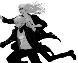 Rule 34 | 2boys, black jacket, black nails, black pants, blonde hair, coat, daybit sem void, fate/grand order, fate (series), floating hair, full body, holding hands, jacket, jewelry, long hair, looking to the side, male focus, medallion, multiple boys, necklace, nobicco, open clothes, open jacket, pants, shirt, short hair, simple background, smile, sunglasses, tezcatlipoca (fate), trench coat, white background, white shirt
