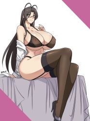 Rule 34 | 1girl, ahoge, black panties, bra, breasts, brown hair, cleavage, commission, covered erect nipples, devil-v, garter straps, glasses, green eyes, hasegawa chisato, highres, huge breasts, long hair, mole, mole under eye, panties, see-through, shinmai maou no testament, sitting, thighhighs, thighs, underwear