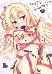 Rule 34 | 1girl, amairo islenauts, bed sheet, blonde hair, blush, bow, braid, breasts, candy, chocolate, chocolate heart, chocolate on body, chocolate on breasts, chocolate on hand, chocolate on legs, cleavage, commentary request, convenient leg, crown braid, curvy, double-parted bangs, food, food in mouth, food on body, food on hand, groin, hair between eyes, hair ornament, hair ribbon, hair spread out, hands up, happy valentine, heart, heart hair ornament, highres, holding, holding ribbon, igarashi kenji, large breasts, long hair, looking at viewer, lying, naked ribbon, navel, on back, one side up, orange eyes, red bow, red ribbon, ribbon, shirley warwick, solo, stomach, underboob, valentine, very long hair