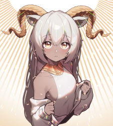 Rule 34 | 1girl, absurdres, animal ears, arknights, bare shoulders, beeswax (arknights), beeswax (weisser sand) (arknights), beudelb, blush, brown eyes, commentary, dark-skinned female, dark skin, dress, highres, horns, long hair, looking at viewer, off shoulder, silver hair, sleeveless, sleeveless dress, solo, upper body, white dress
