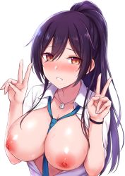 Rule 34 | 1girl, black hair, blush, breasts, cai geng, collared shirt, dog tags, double v, dress shirt, green necktie, hair between eyes, high ponytail, idolmaster, idolmaster shiny colors, large breasts, long hair, looking at viewer, necktie, nipples, open clothes, open shirt, ponytail, school uniform, shirase sakuya, shirt, simple background, smile, solo, v, white background, white shirt, yellow eyes
