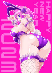Rule 34 | 1girl, 2023, animal ears, arched back, ass, text background, backless leotard, blue eyes, bob cut, breasts, chinese zodiac, commentary, detached sleeves, english text, fake animal ears, fake tail, fishnet sleeves, fishnet thighhighs, fishnets, frilled cuffs, frilled sleeves, frilled thighhighs, frills, from behind, hair ornament, happy new year, heart, heart hair ornament, highres, large breasts, leaning forward, leotard, looking at viewer, looking back, new year, open mouth, original, outline, pink background, pink hair, playboy bunny, purple leotard, purple thighhighs, rabbit ears, rabbit pose, rabbit tail, short hair, smile, solo, standing, stdl, strapless, strapless leotard, tail, thighhighs, white outline, year of the rabbit
