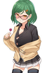 Rule 34 | 1girl, absurdres, bespectacled, blush, breasts, choco tanuki, cleavage, collarbone, earrings, glasses, grin, hair ornament, hairclip, highres, jacket, jewelry, kitakoji hisui, large breasts, looking at viewer, naughty face, nijisanji, school uniform, simple background, smile, solo, thighhighs, virtual youtuber, white background, yellow eyes