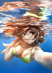 1girl absurdres air_bubble bare_shoulders barefoot bikini breasts brown_hair bubble cleavage green_eyes highres kazuki_(aquariumseen) large_breasts short_hair solo submerged swimming swimsuit underwater watermark