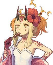 Rule 34 | breasts, claws, eating, fate/grand order, fate (series), flower, food, hair flower, hair ornament, hairband, horns, ibaraki douji (fate), oni, sausage, small breasts, tattoo, yellow eyes