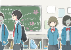 Rule 34 | 2boys, 2girls, :d, :|, ahoge, arms behind back, azchipi, backpack, bag, black bag, black hair, black pants, black skirt, blazer, blue bag, blue jacket, blunt bangs, blush, bob cut, book, bookshelf, bow, bowtie, brown bag, brown eyes, brown hair, chalk, chalkboard, cherry blossoms, classroom, closed mouth, commentary, cowboy shot, dress shirt, expressionless, hands in pockets, highres, jacket, looking at another, multiple boys, multiple girls, necktie, no eyes, open clothes, open jacket, open mouth, original, pants, parted lips, people, pleated skirt, poster (object), red bow, red bowtie, red necktie, school, school uniform, shirt, short hair, side-by-side, skirt, smile, standing, translated, unbuttoned, walking, white shirt