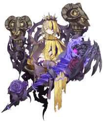 Rule 34 | 1girl, blonde hair, braid, briar rose (sinoalice), colored skin, crown, dark persona, empty eyes, expressionless, flower, full body, half-nightmare, jino, messy hair, multicolored skin, official art, one eye covered, pale skin, purple skin, sinoalice, sitting, solo, thorns, transparent background, yellow eyes