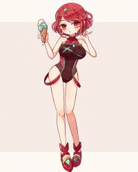 Rule 34 | 1girl, black one-piece swimsuit, breasts, chest jewel, co 09vrg, competition swimsuit, covered collarbone, covered navel, gem, headpiece, highres, large breasts, one-piece swimsuit, pyra (pro swimmer) (xenoblade), pyra (xenoblade), red eyes, red hair, red one-piece swimsuit, ribbed swimsuit, short hair, solo, strapless, strapless one-piece swimsuit, striped clothes, striped one-piece swimsuit, swept bangs, swimsuit, tiara, two-tone swimsuit, vertical-striped clothes, vertical-striped one-piece swimsuit, xenoblade chronicles (series), xenoblade chronicles 2