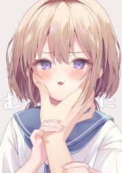 Rule 34 | 1girl, 1other, blue sailor collar, blush, brown hair, commentary request, ebihara beniko, face squeeze, fang, grey background, hair between eyes, highres, long hair, looking at viewer, low twintails, original, out of frame, parted lips, purple eyes, sailor collar, shirt, simple background, twintails, upper body, white shirt