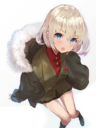 Rule 34 | 10s, 1girl, artist request, bad id, bad pixiv id, blonde hair, blue eyes, blush, coat, commentary request, fang, from above, fur-trimmed coat, fur trim, girls und panzer, green jacket, hairband, hitaki yuu, jacket, katyusha (girls und panzer), long sleeves, looking at viewer, looking up, open mouth, red shirt, shirt, short hair, short jumpsuit, sitting, skirt, solo, winter clothes, winter coat