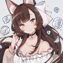 Rule 34 | 1girl, animal ear fluff, animal ears, bare shoulders, black choker, blush, bow, brown eyes, brown hair, brown jacket, choker, closed mouth, collarbone, dress, flower, grey background, hair bow, hand up, head tilt, highres, jacket, long hair, long sleeves, looking at viewer, off-shoulder dress, off shoulder, open clothes, open jacket, original, puffy long sleeves, puffy sleeves, rose, simple background, smile, solo, virtual youtuber, white bow, white dress, white flower, white rose, yennineii