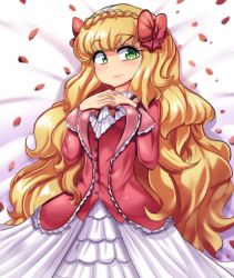 Rule 34 | absurdres, blonde hair, bow, dress, elise, elise (story of seasons), green eyes, hands on own chest, hands together, harvest moon, highres, hinghoi, long hair, pink dress, smile, story of seasons, tagme