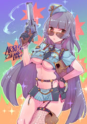 Rule 34 | 1girl, bad id, bad pixiv id, black gloves, black hair, breasts, brown eyes, fishnet thighhighs, fishnets, gloves, gun, handgun, hat, holding, holding gun, holding weapon, long hair, looking over eyewear, looking over glasses, midriff, miniskirt, navel, necktie, open mouth, original, panties, police, police uniform, revealing clothes, side-tie panties, single thighhigh, skirt, sunglasses, tajima ryuushi, thighhighs, tinted eyewear, underboob, underwear, uniform, very long hair, watch, weapon, wristwatch