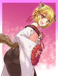 Rule 34 | 1girl, animal ears, ass, bare shoulders, blonde hair, blush, breasts, cat ears, cat tail, cougar (cougar1404), detached sleeves, from behind, looking at viewer, open mouth, original, pants, shiny clothes, shiny skin, short hair, sideboob, smile, solo, tail, wide sleeves, yellow eyes