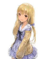 Rule 34 | 1girl, beige jacket, black bow, blonde hair, blue bow, blush, bow, brown eyes, chan1moon, collarbone, dress, frills, futaba anzu, hair bow, hair ornament, highres, idolmaster, idolmaster cinderella girls, jacket, light blue dress, long hair, long sleeves, looking at viewer, low twintails, open mouth, simple background, sleeves past fingers, sleeves past wrists, solo, twintails, white background