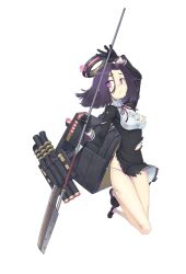 Rule 34 | 10s, 1girl, ayaki, damaged, full body, glaive (polearm), gloves, halo, kantai collection, mechanical halo, mole, mole under eye, official art, polearm, purple eyes, purple hair, solo, spear, tatsuta (kancolle), torn clothes, transparent background, weapon