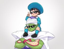 Rule 34 | 1boy, 1girl, black hair, cape, carrying, child, commentary, crossed arms, dragon ball, dragon ball super, dragon ball super super hero, english commentary, frown, hat, kooj artz, pan (dragon ball), piccolo, pointy ears, school uniform, short hair, shoulder carry, shoulder pads, signature, smile, sunglasses, v, white cape