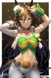 Rule 34 | 1girl, absurdres, ahoge, animal ears, arm strap, arms up, blue eyes, breasts, brown hair, choker, commentary, cowboy shot, crop top, green shirt, grin, hair between eyes, hat, highres, horse ears, jacket, large breasts, long hair, long sleeves, looking at viewer, midriff, mini hat, mini top hat, mr. c.b. (umamusume), navel, open clothes, open jacket, pants, satoshiki, shirt, single bare shoulder, smile, solo, standing, stomach, strapless, strapless shirt, top hat, umamusume, very long hair, white hat, white jacket, white pants, wrist cuffs