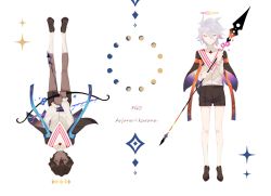 Rule 34 | 2boys, 676643396dolce, aged down, alternate costume, arjuna (fate), bishounen, black shorts, bow (weapon), brown eyes, brown hair, capelet, dark-skinned male, dark skin, closed eyes, fate/apocrypha, fate (series), halo, highres, holding, holding bow (weapon), holding polearm, holding spear, holding weapon, karna (fate), moon phases, multiple boys, polearm, rotational symmetry, shirt, shorts, sparkle, spear, upside-down, weapon, white hair, white shirt