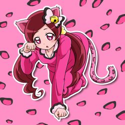 Rule 34 | 10s, 1girl, all fours, animal ears, cat ears, cat tail, full body, hanasaki tsubomi, heartcatch precure!, kemonomimi mode, long hair, nita (onakatohoppe), panther pink (precure), pants, paw pose, pink background, pink eyes, pink hair, pink pants, pink theme, precure, shirt, solo, tail, twintails