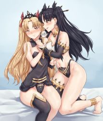 Rule 34 | 2girls, bare arms, bare shoulders, barefoot, black dress, black hair, black ribbon, blonde hair, blush, breasts, bridal gauntlets, closed mouth, dress, english text, ereshkigal (fate), fate/grand order, fate (series), hair ornament, hair ribbon, incest, ishtar (fate), kneeling, large breasts, long hair, looking at another, medium breasts, multiple girls, navel, parted bangs, parted lips, ribbon, sarhce, siblings, single thighhigh, sisters, smile, speech bubble, thighhighs, twintails, yuri