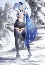 Rule 34 | 1girl, absurdres, arm up, ass, backless outfit, black footwear, black thighhighs, blue cape, blue hair, blue hairband, cape, closed mouth, commentary, eula (genshin impact), flower, from behind, full body, gawako, genshin impact, hair flower, hair ornament, hairband, high heels, highres, ice, juliet sleeves, long hair, long sleeves, looking at viewer, looking back, outdoors, parted lips, puffy sleeves, snow, solo, standing, thigh strap, thighhighs, white sleeves, yellow eyes