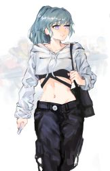 Rule 34 | 1girl, absurdres, alternate costume, alternate hairstyle, bag, black pants, black shirt, blue eyes, blue hair, byleth (female) (fire emblem), byleth (fire emblem), casual, commentary request, contemporary, cowboy shot, crop top, cropped hoodie, drawstring, fire emblem, fire emblem: three houses, handbag, highres, holding, hood, hoodie, long hair, looking to the side, midriff, navel, nintendo, paiiart, pants, parted lips, ponytail, shirt, solo, standing, stomach, white background, white hoodie