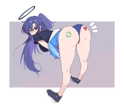 Rule 34 | 1girl, ass, ass focus, bent over, black footwear, black shirt, blue archive, blue buruma, blue jacket, blush, buruma, closed mouth, from behind, funaya (a2brasd), gym uniform, hair between eyes, halo, heart, highres, jacket, like and retweet, long hair, looking at viewer, looking back, mechanical halo, official alternate costume, panties, panty peek, ponytail, purple eyes, purple hair, shirt, shoes, short sleeves, simple background, solo, standing, star sticker, sticker on face, sweat, thighs, track jacket, underwear, yuuka (blue archive), yuuka (track) (blue archive)