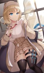Rule 34 | 1girl, absurdres, adjusting neckwear, black thighhighs, blonde hair, blue eyes, breasts, brown hat, brown skirt, clock, clock tower, closed mouth, coat, commentary, cowboy shot, hair ornament, hat, highres, hololive, hololive english, indoors, large breasts, long sleeves, looking at viewer, monitor, necktie, plaid, plaid skirt, red necktie, roina (effj7473), shirt, shirt tucked in, short hair, skirt, solo, syringe, thigh strap, thighhighs, tower, trench coat, virtual youtuber, watson amelia, watson amelia (1st costume), white shirt, window, zettai ryouiki