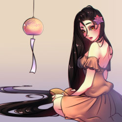 Rule 34 | 1girl, absurdly long hair, black hair, book, colored sclera, commentary, dress, flower, from behind, grey background, hair flower, hair ornament, highres, holding, holding book, kejourou (monster girl encyclopedia), loen, long hair, looking at viewer, looking back, mole, mole under eye, monster girl encyclopedia, monster girl encyclopedia ii, multicolored eyes, open book, open mouth, orange dress, parted lips, pink flower, red eyes, red lips, sitting, solo, very long hair, wind chime, yellow sclera