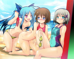 Rule 34 | 3girls, :d, ass, assisted exposure, bad id, bikini, unworn bikini bottom, unworn bikini top, black hair, blue eyes, blue hair, blush, bottomless, breasts, brown hair, clothes theft, embarrassed, fang, hair over breasts, long hair, lyrical nanoha, mahou shoujo lyrical nanoha, mahou shoujo lyrical nanoha a&#039;s, mahou shoujo lyrical nanoha a&#039;s portable: the battle of aces, lord dearche, levi the slasher, stern the destructor, multicolored hair, multiple girls, navel, one-piece swimsuit, open mouth, purple eyes, sen (astronomy), short hair, silver hair, small breasts, smile, sweat, swimsuit, swimsuit theft, theft, twintails